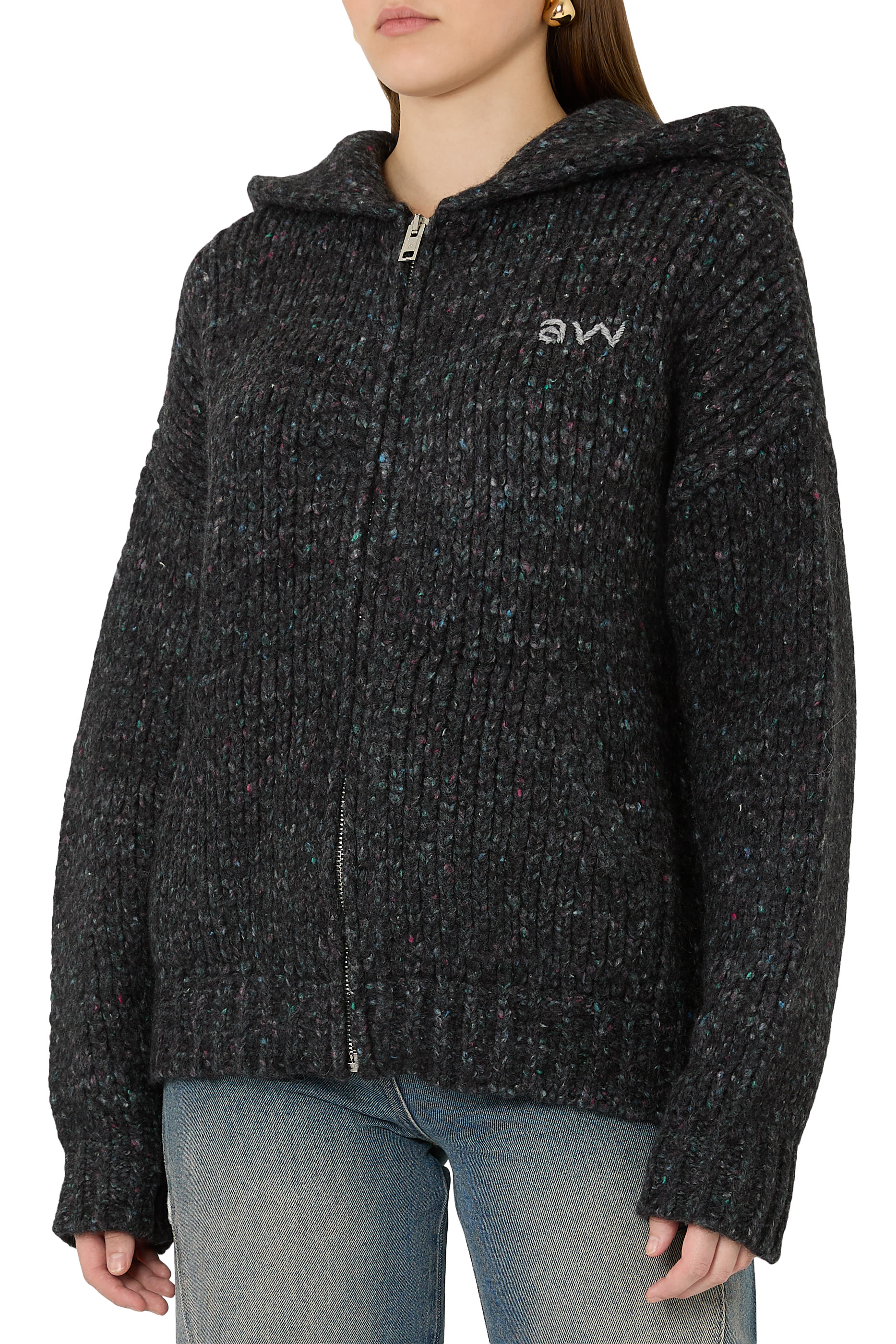 هودي بقصة فضفاضة مزين بشعار الماركة منسوج باليد