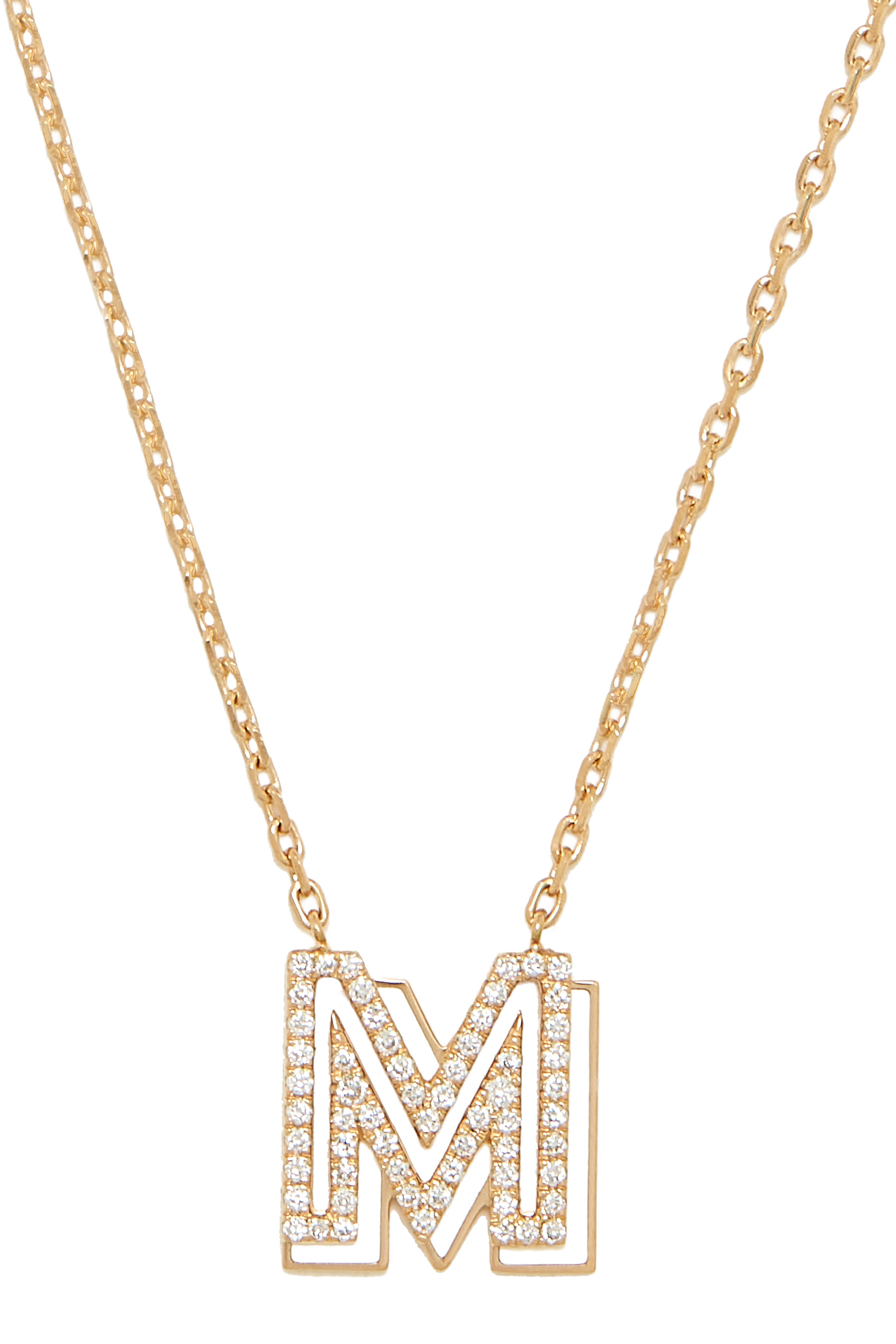 Letter M Silhouette Necklace, 18k Yellow Gold with Diamonds & Enamel