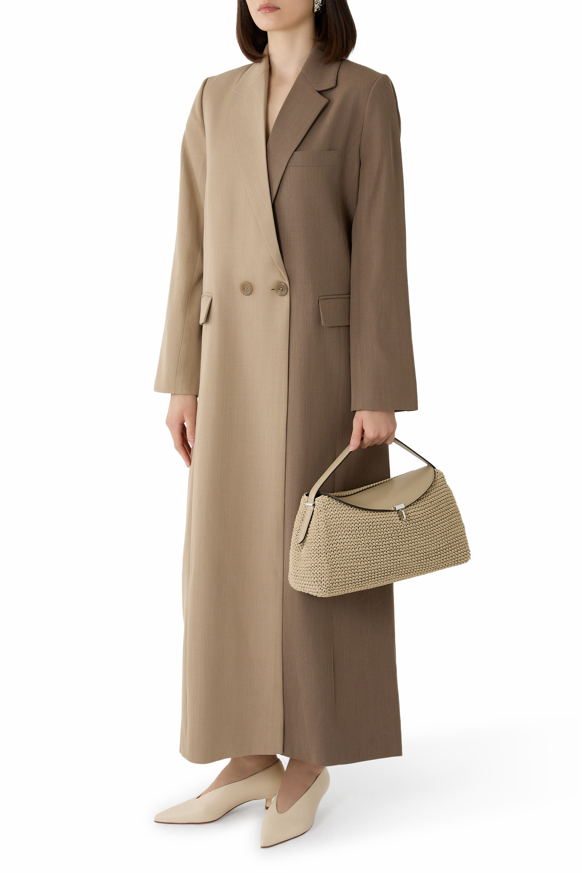 حقيبة بيد علوية وقفل T جلد منسوج