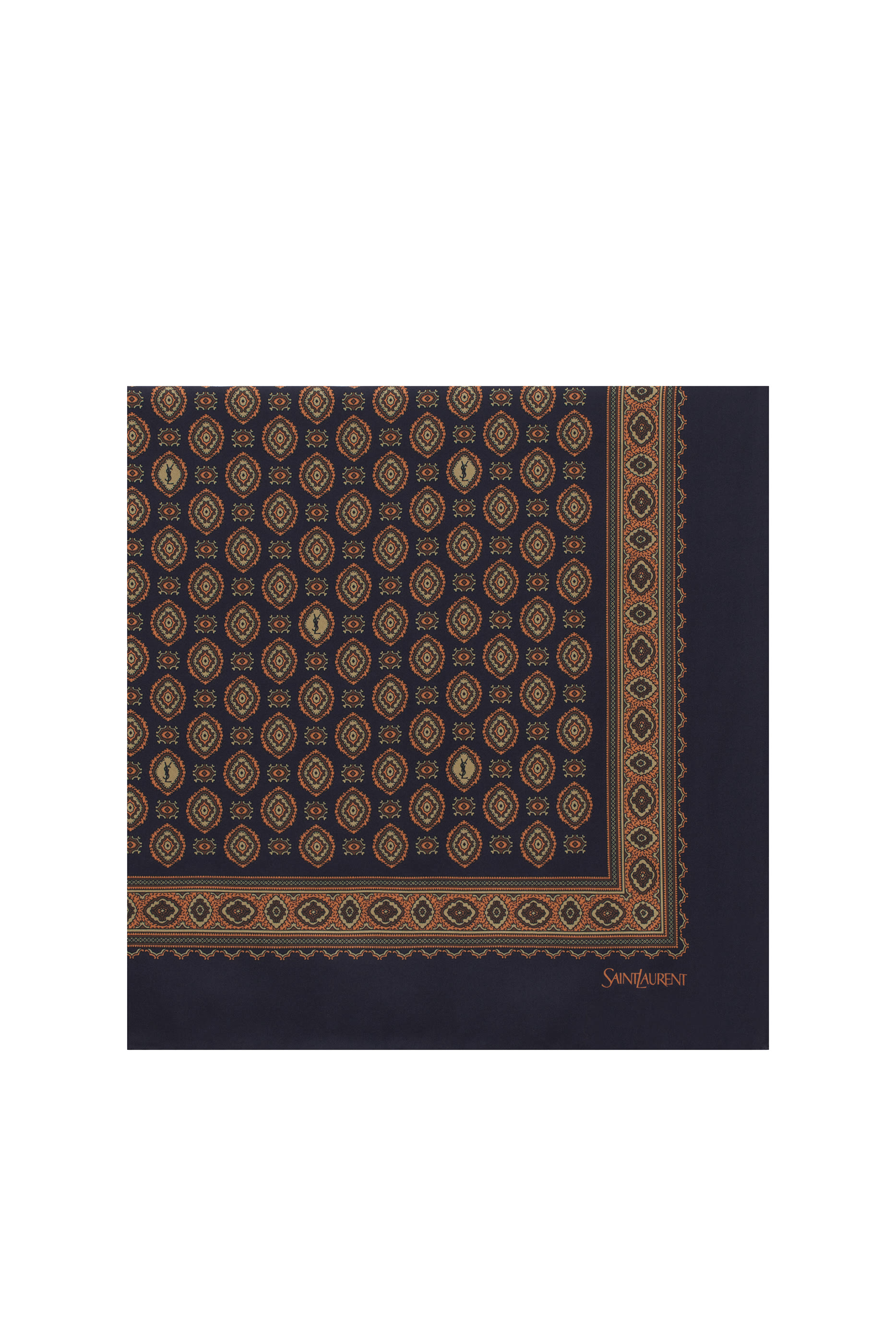 وشاح مربع بنقشات دائرية وشعار الماركة