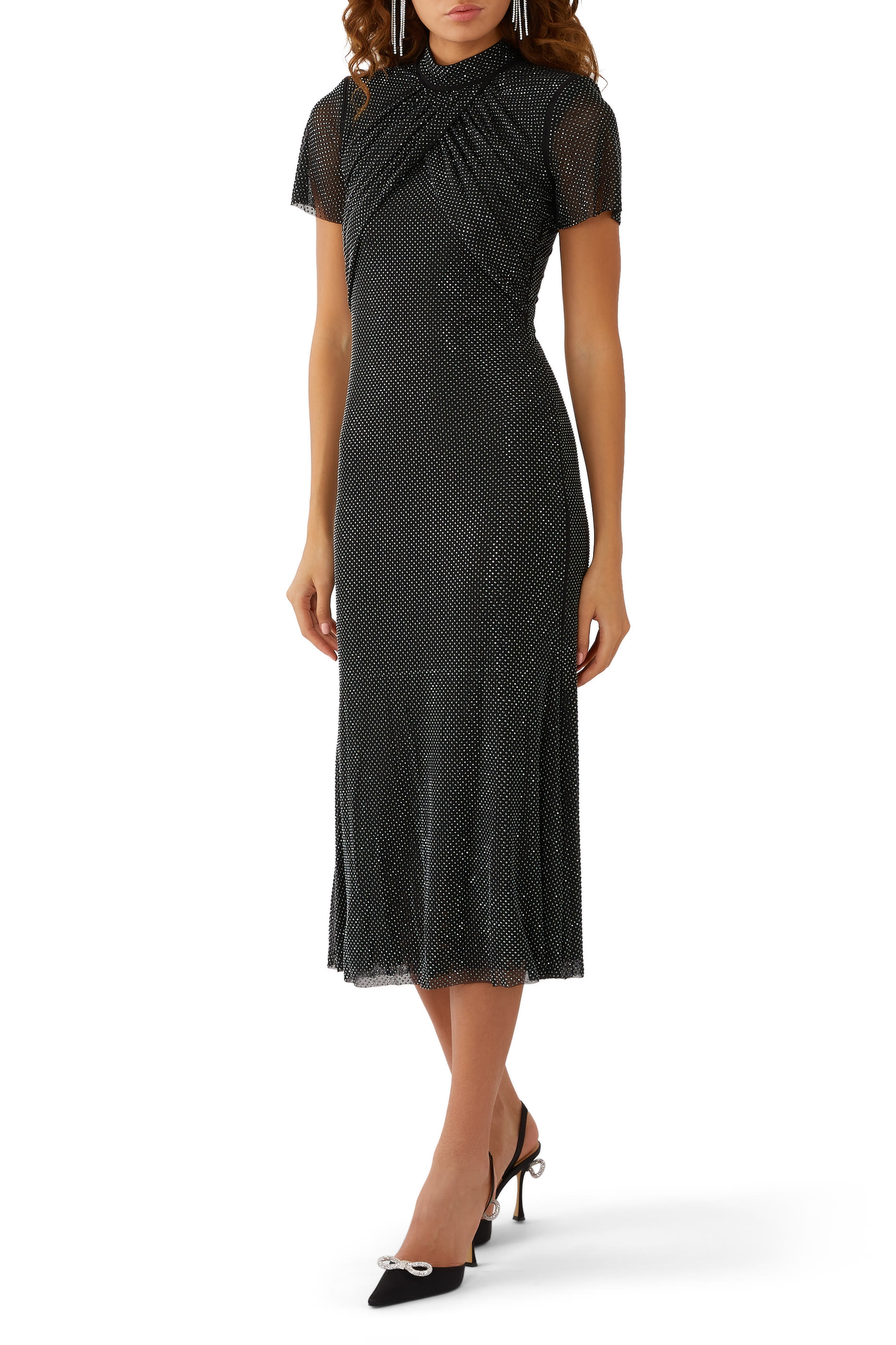 فستان متوسط الطول قماش شبكي بأحجار الراين