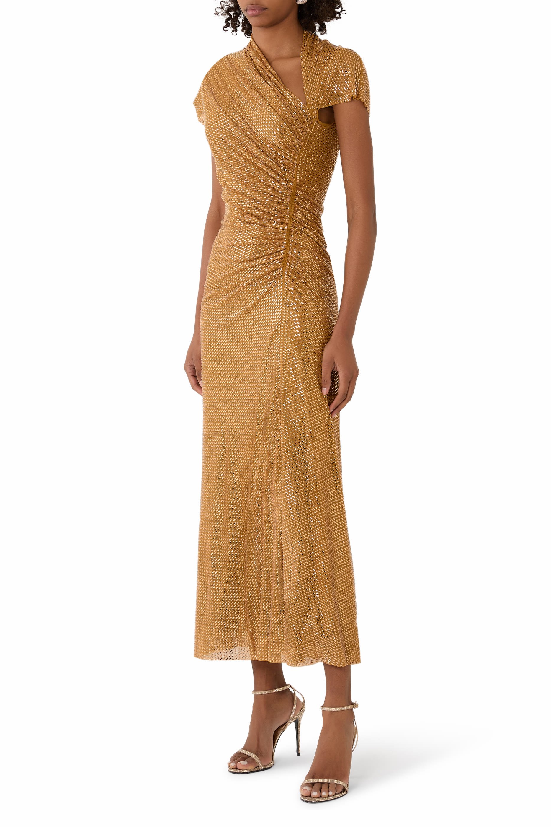 Gold Rhinestone Drape Midi Dress