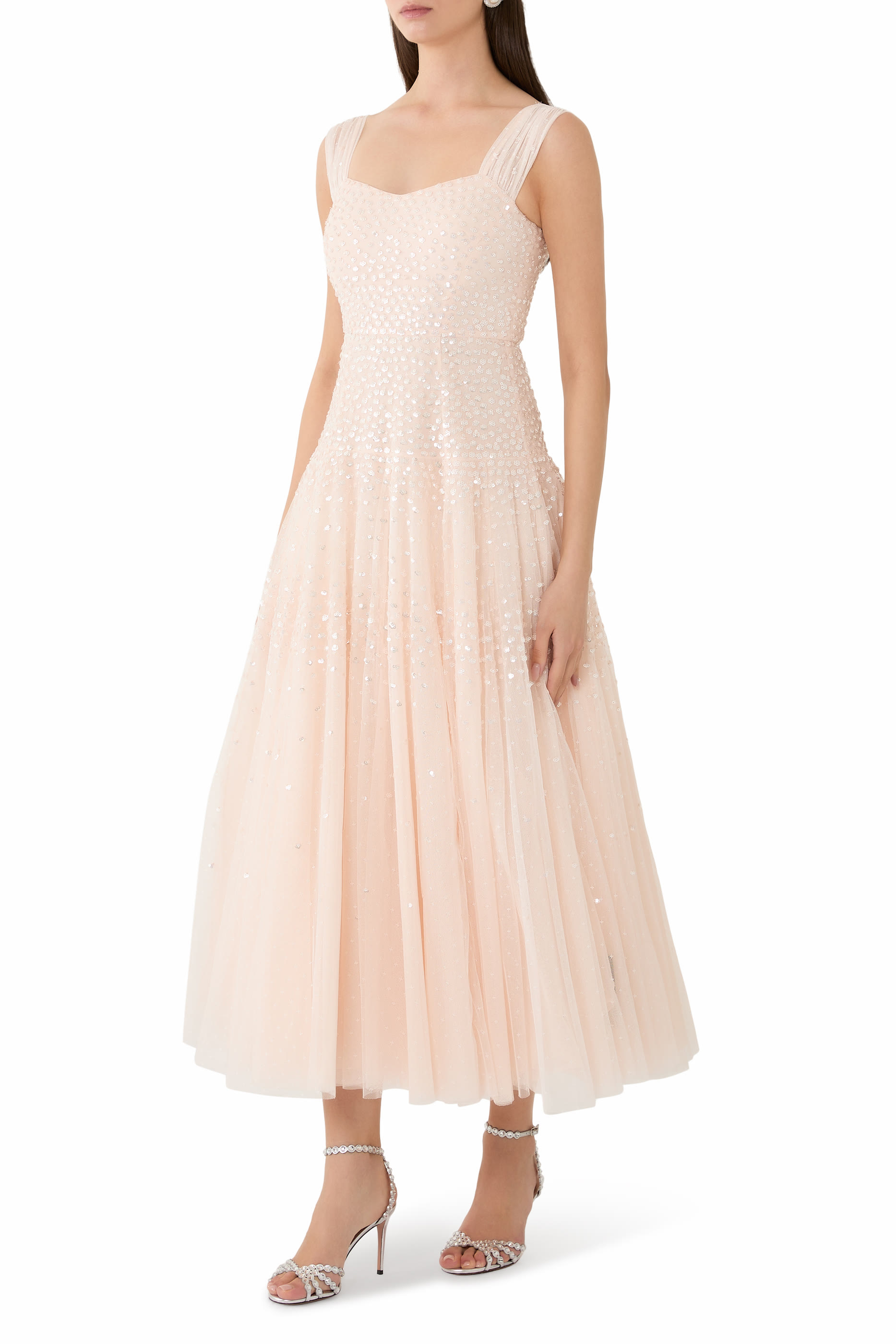 فستان سهرة سن رايز بطول الكاحل بياقة قلب وترتر