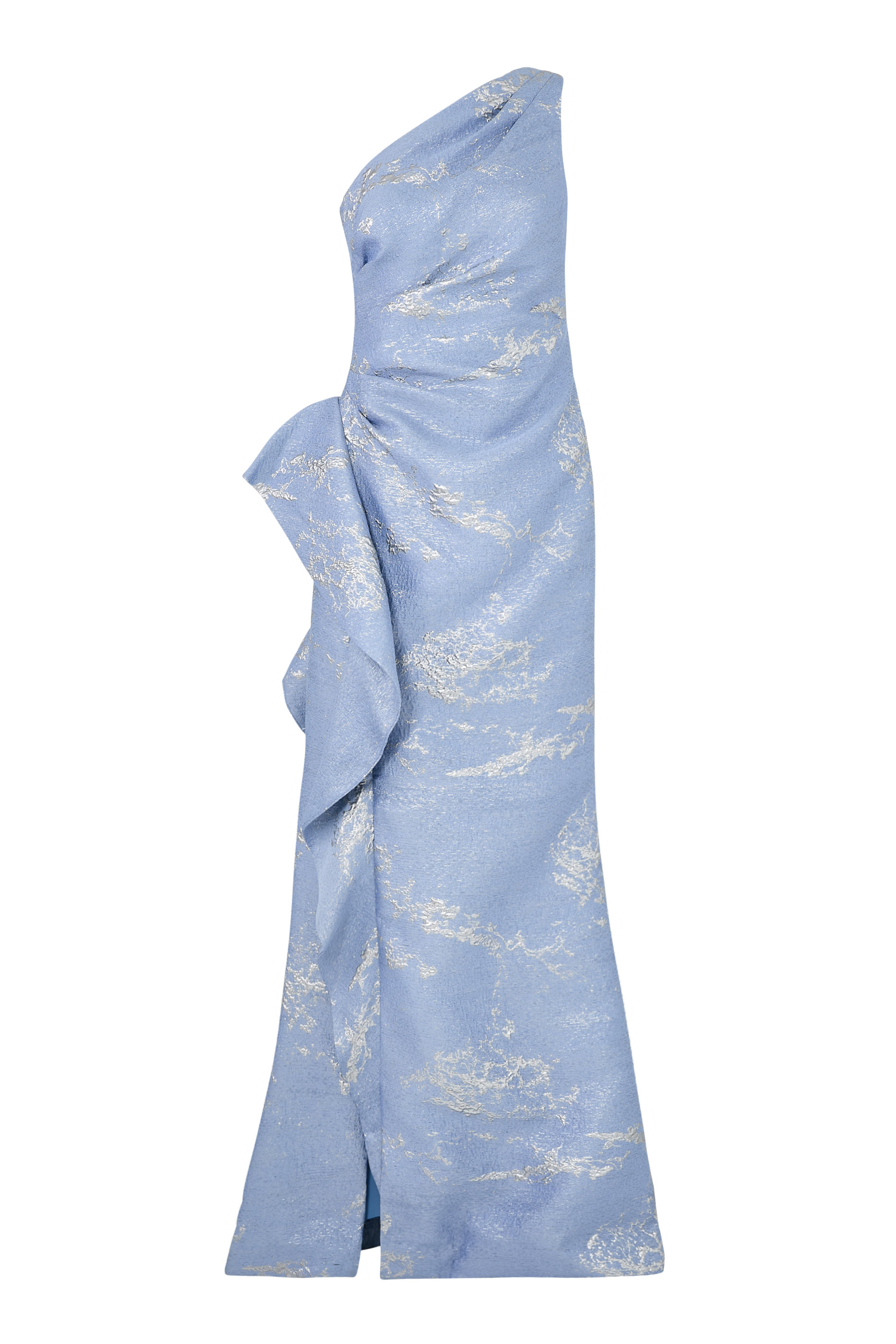 فستان سهرة بكتف مكشوف وجانب مزين بكشكش جاكار لامع