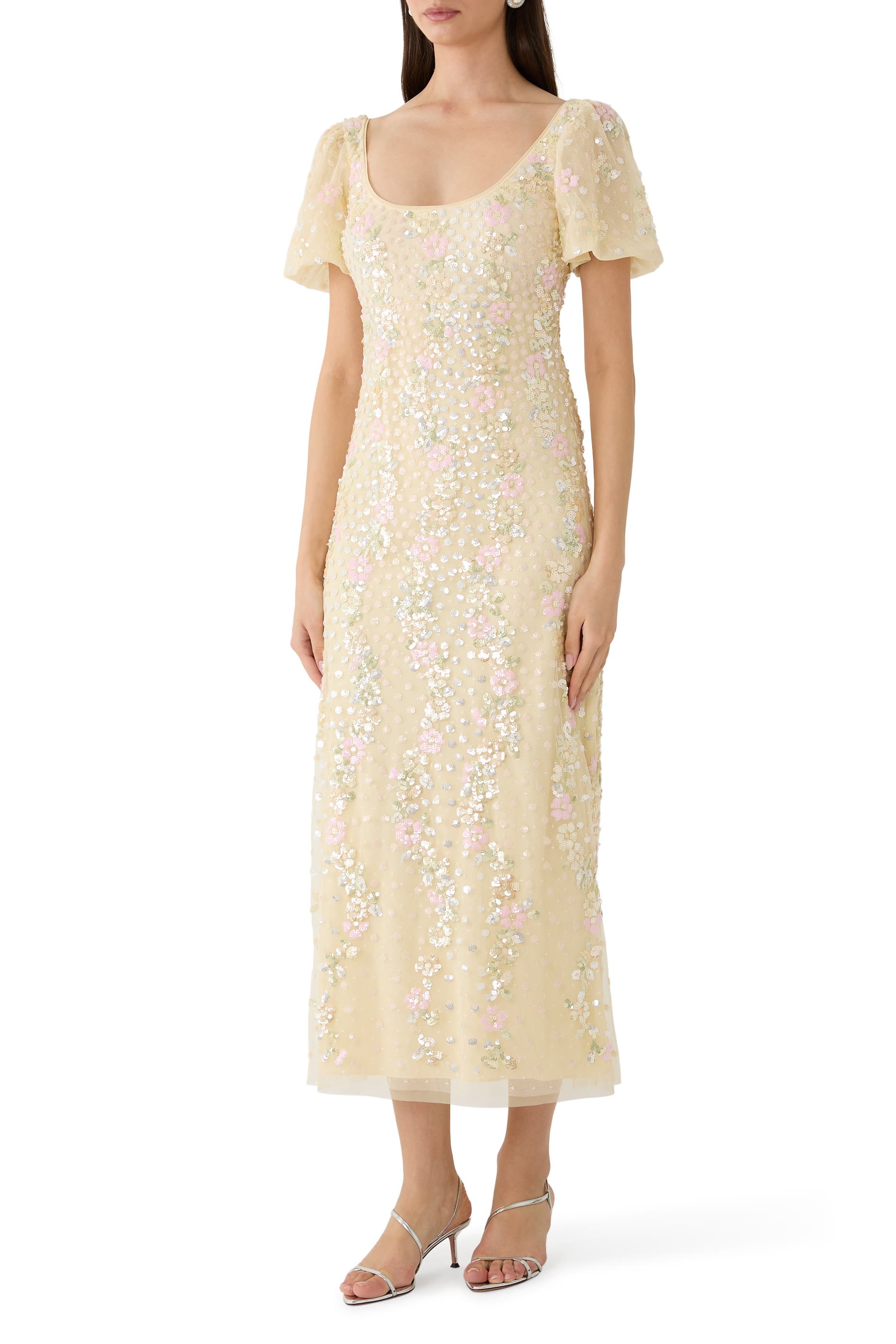 فستان سهرة كونفتي بأكمام منفوخة بطول الكاحل