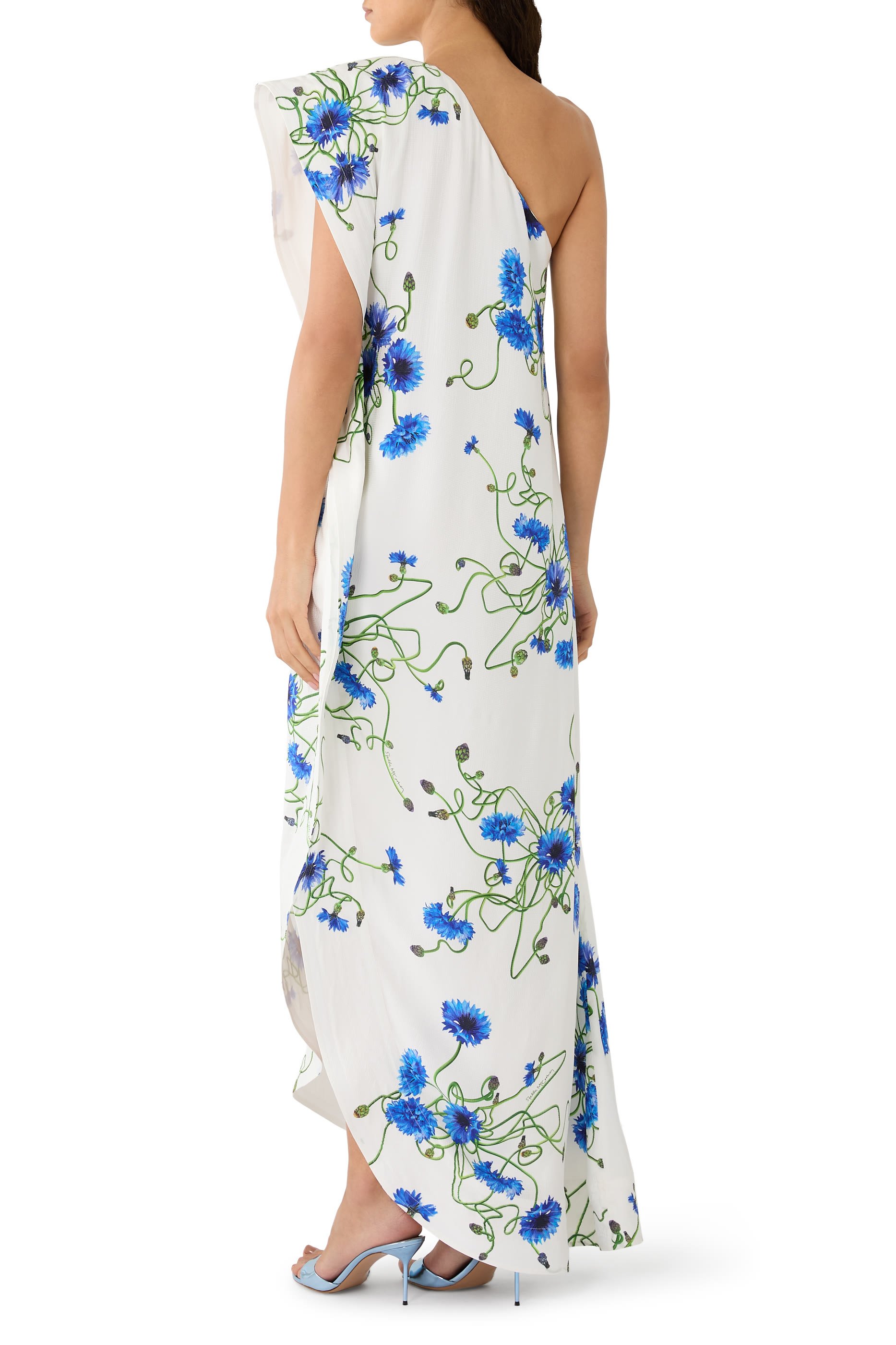 فستان كوكتيل بطبعة أزهار بتصميم غير متماثل حرير