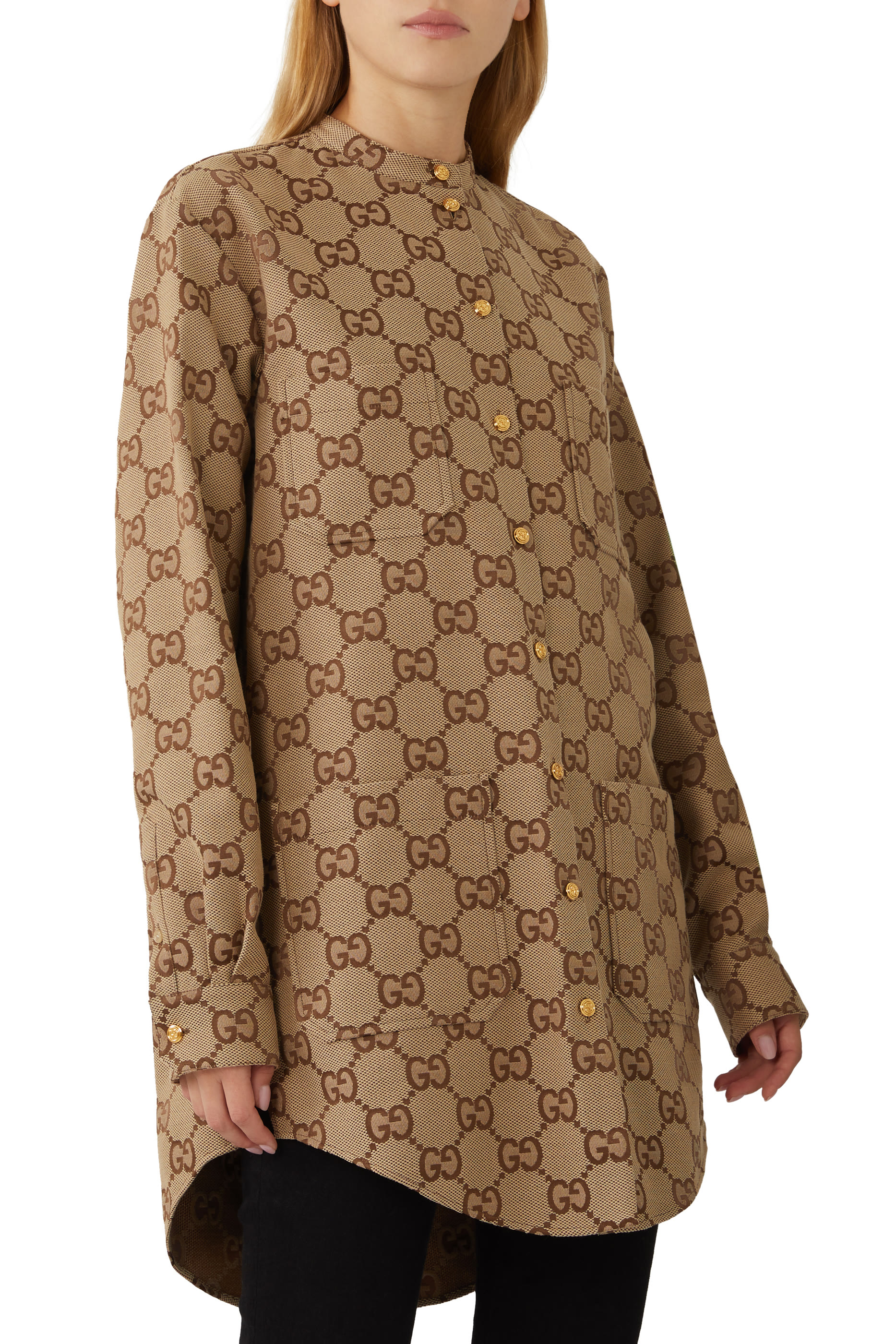 قميص قماش قنب طويل بنقشة حرفي GG