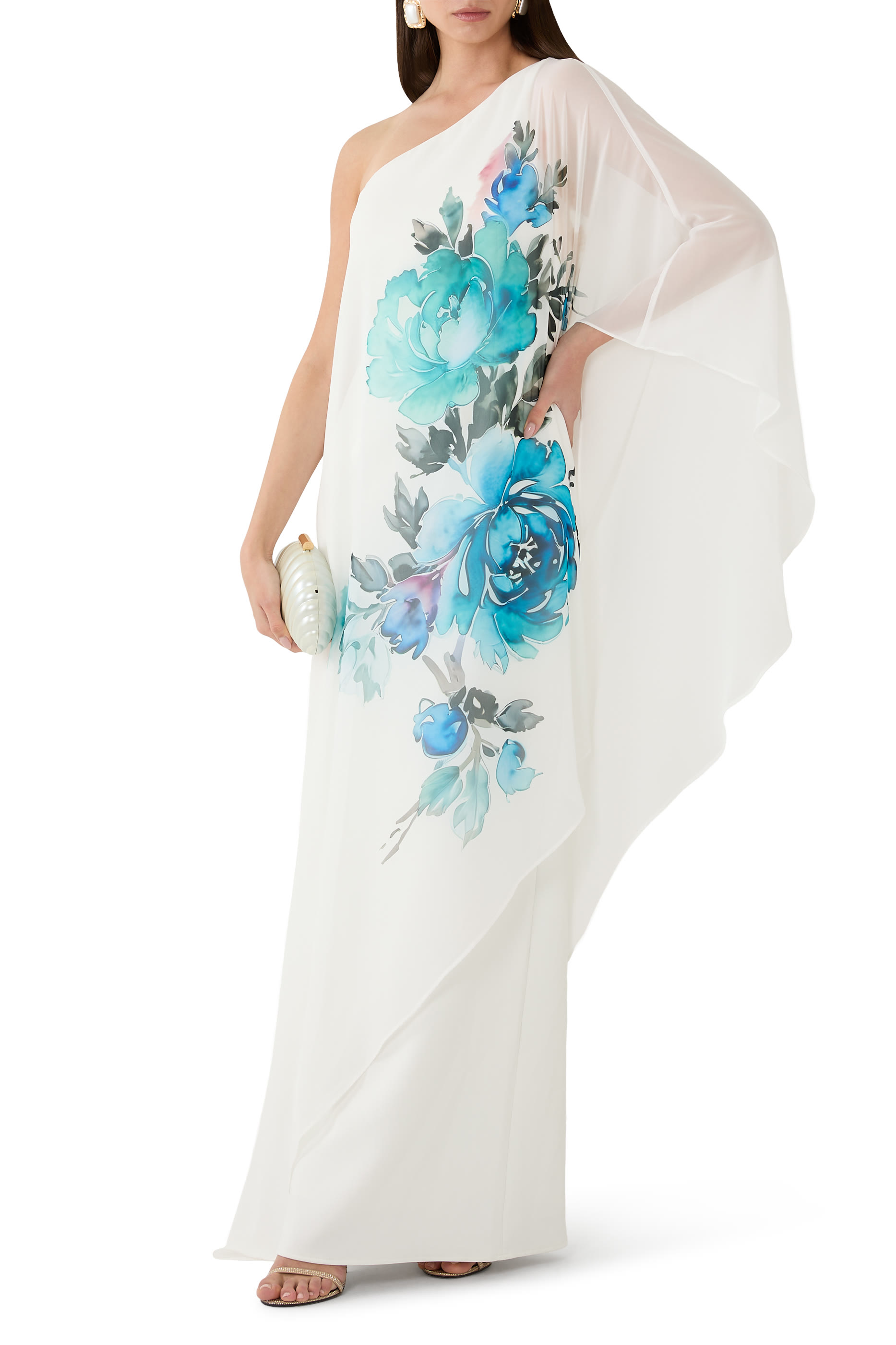 فستان سهرة بكتف مكشوف ونقشة أزهار شيفون