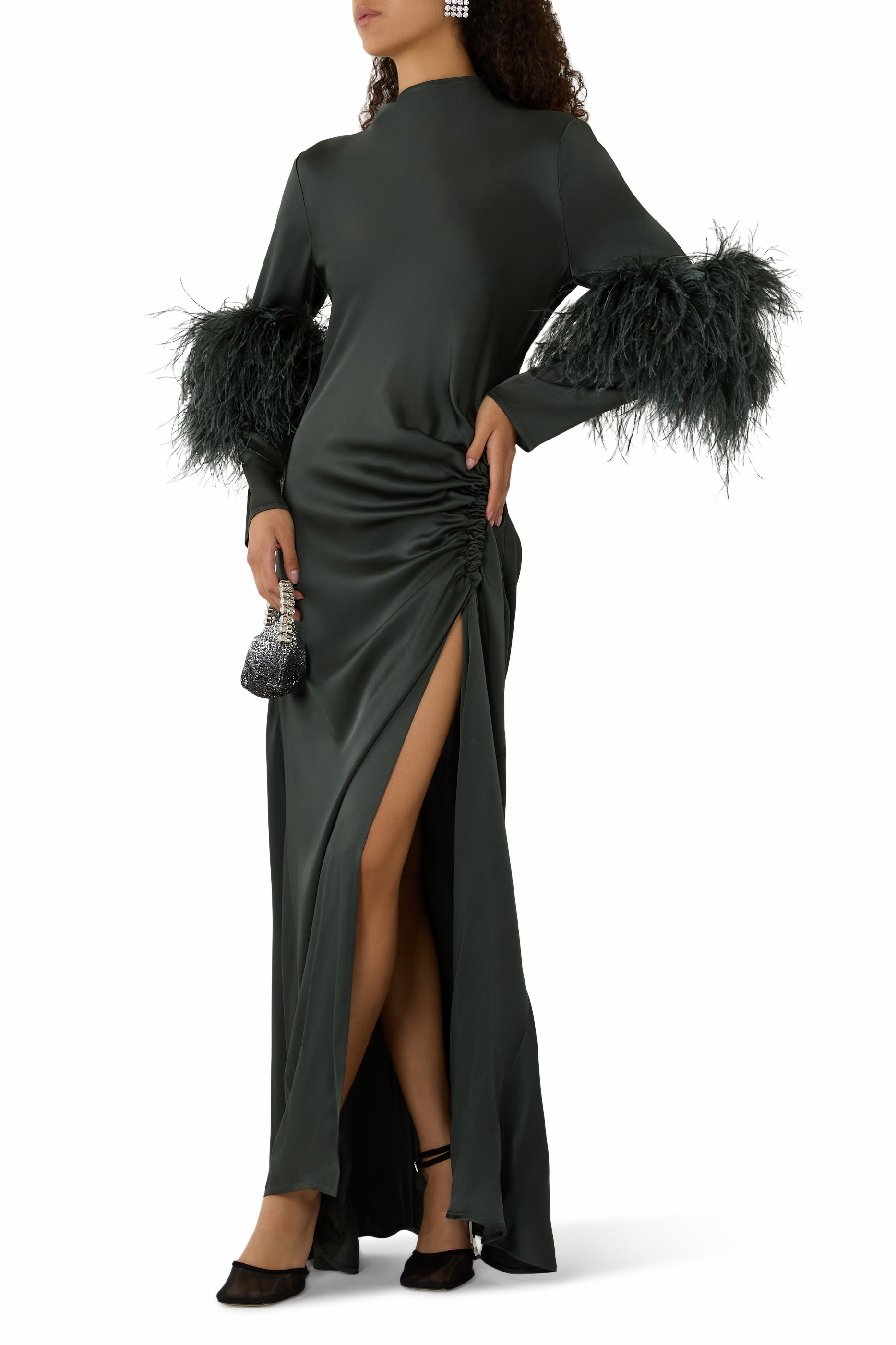 Feather Gathered-Detail Long Dress