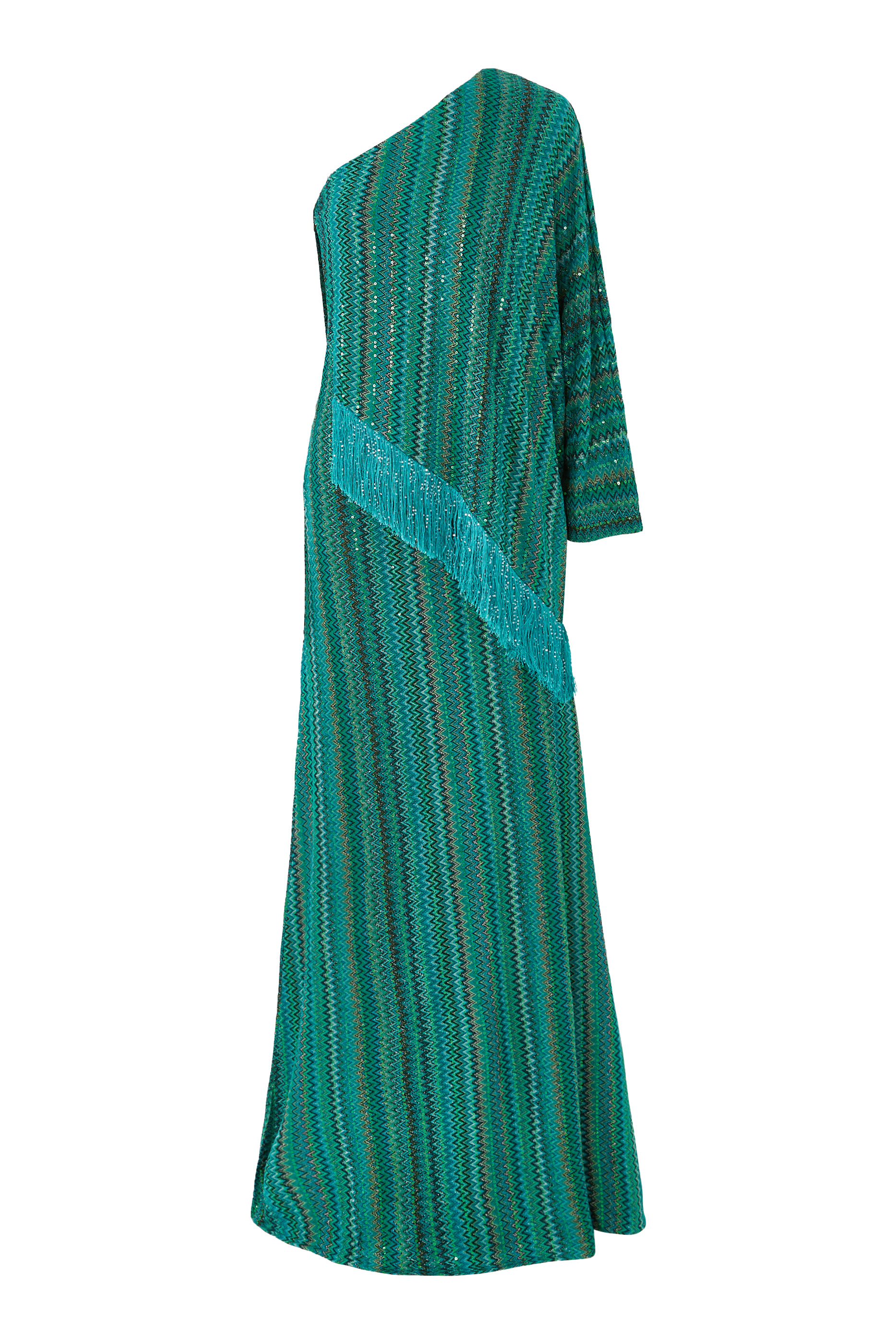 فستان بتصميم حصري غير متماثل وقصة واسعة ونقشة خطوط متعرجة مزين بترتر وشراشيب راشيل