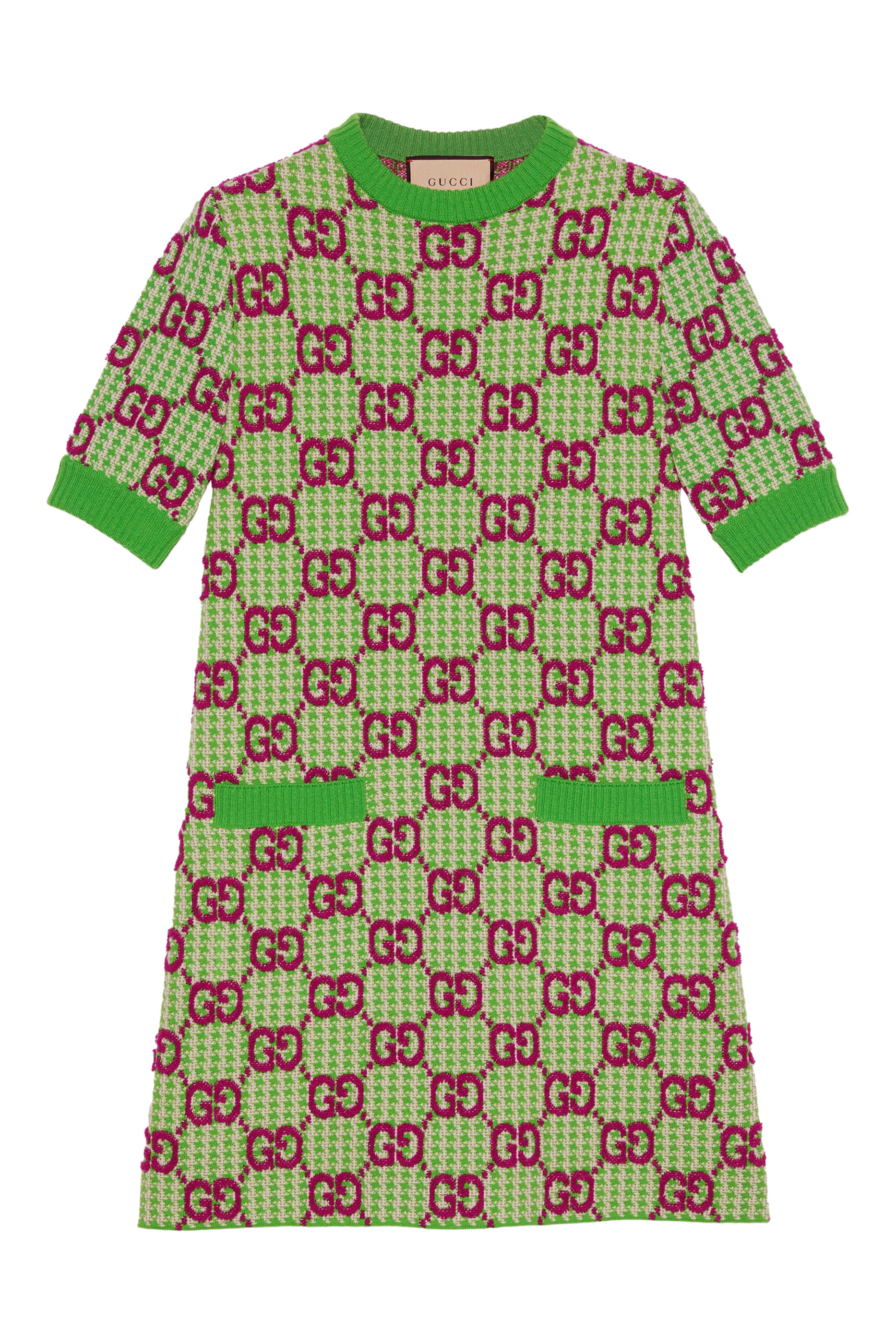 فستان صوف بنقشة هاوندزتوث وشعار GG