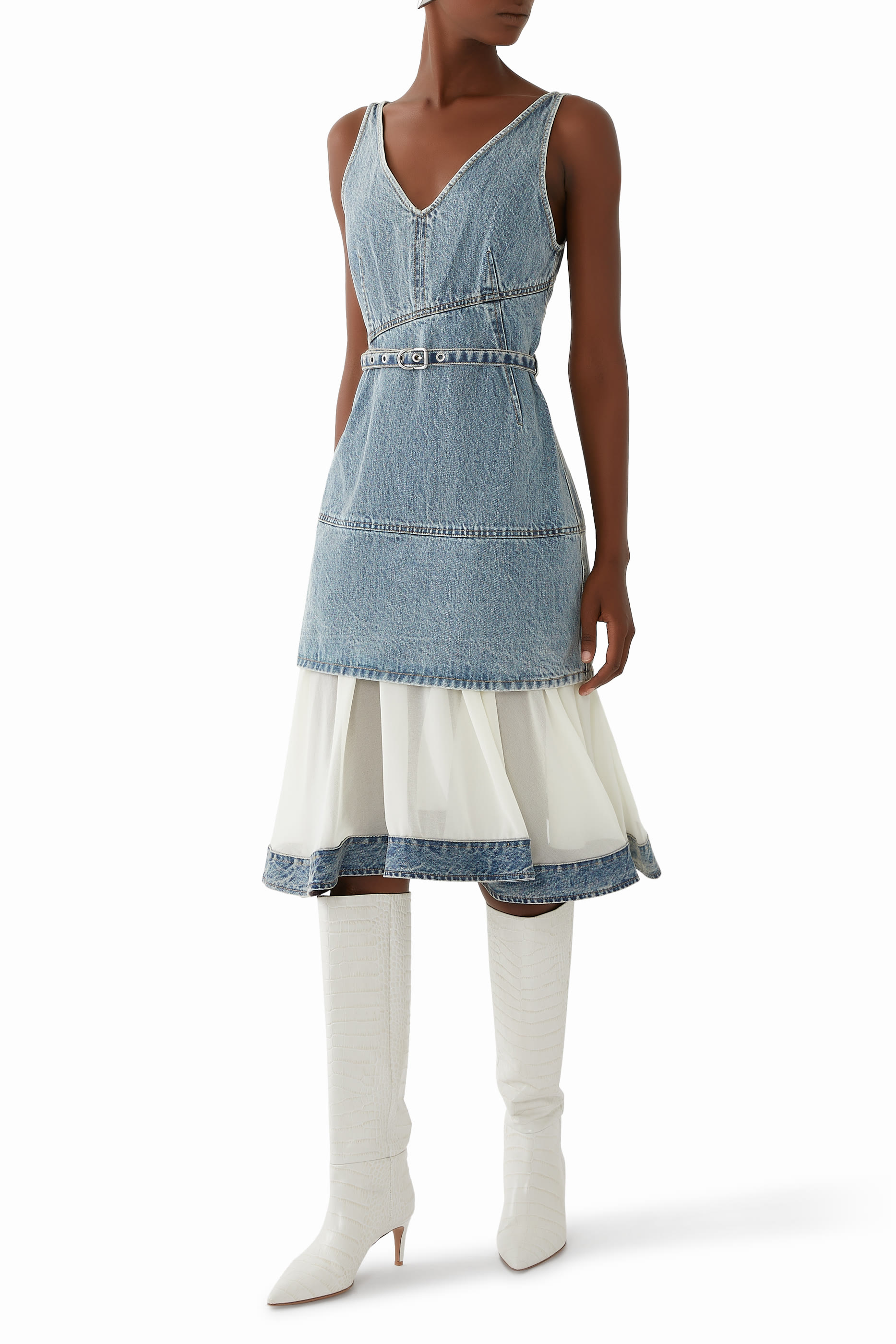 فستان دنيم بياقة V بحافة شيفون