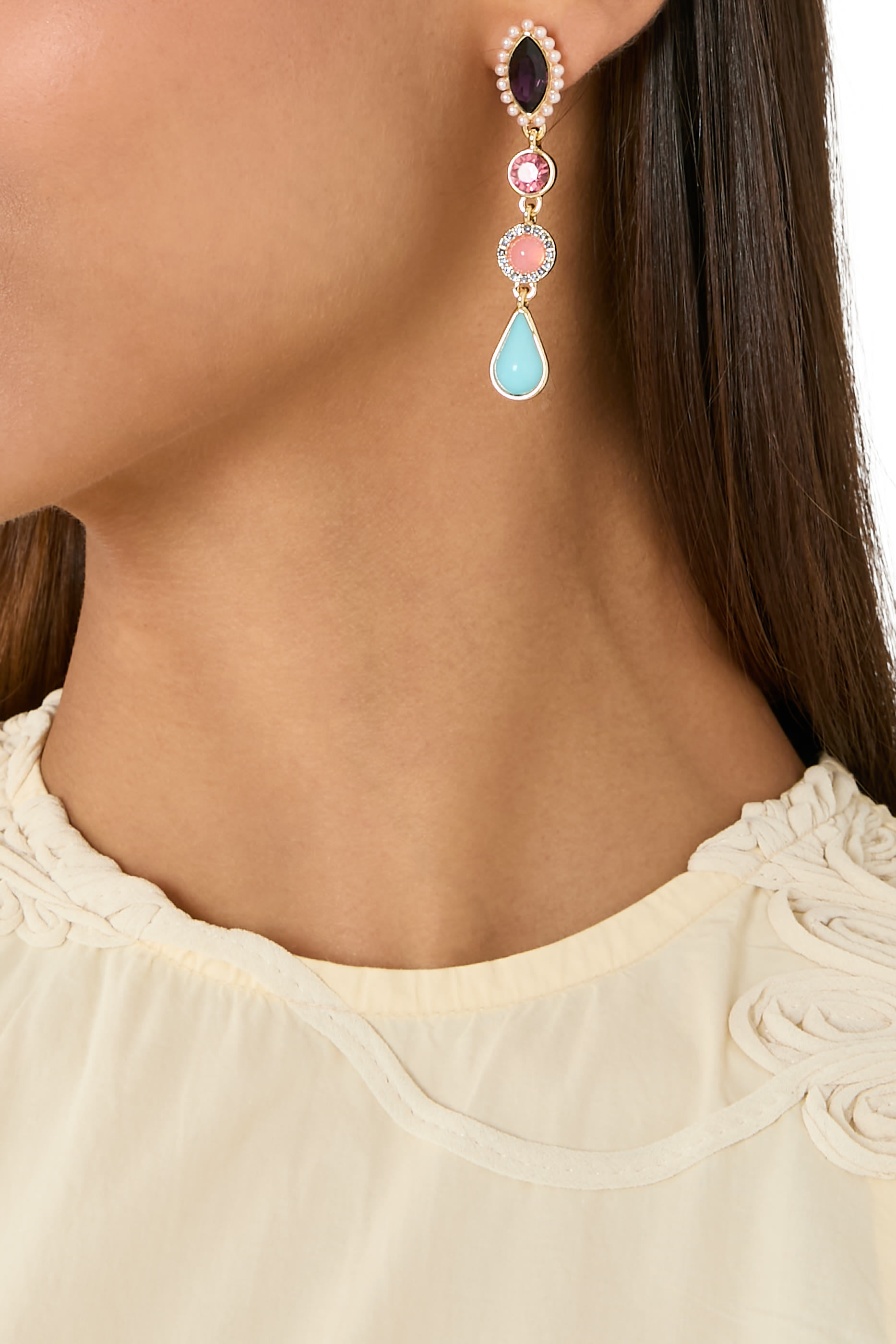 أقراط متدلية مرصعة بأحجار كريمة، كريستال نحاسي وزجاجي، لؤلؤ زجاجي، راتنج