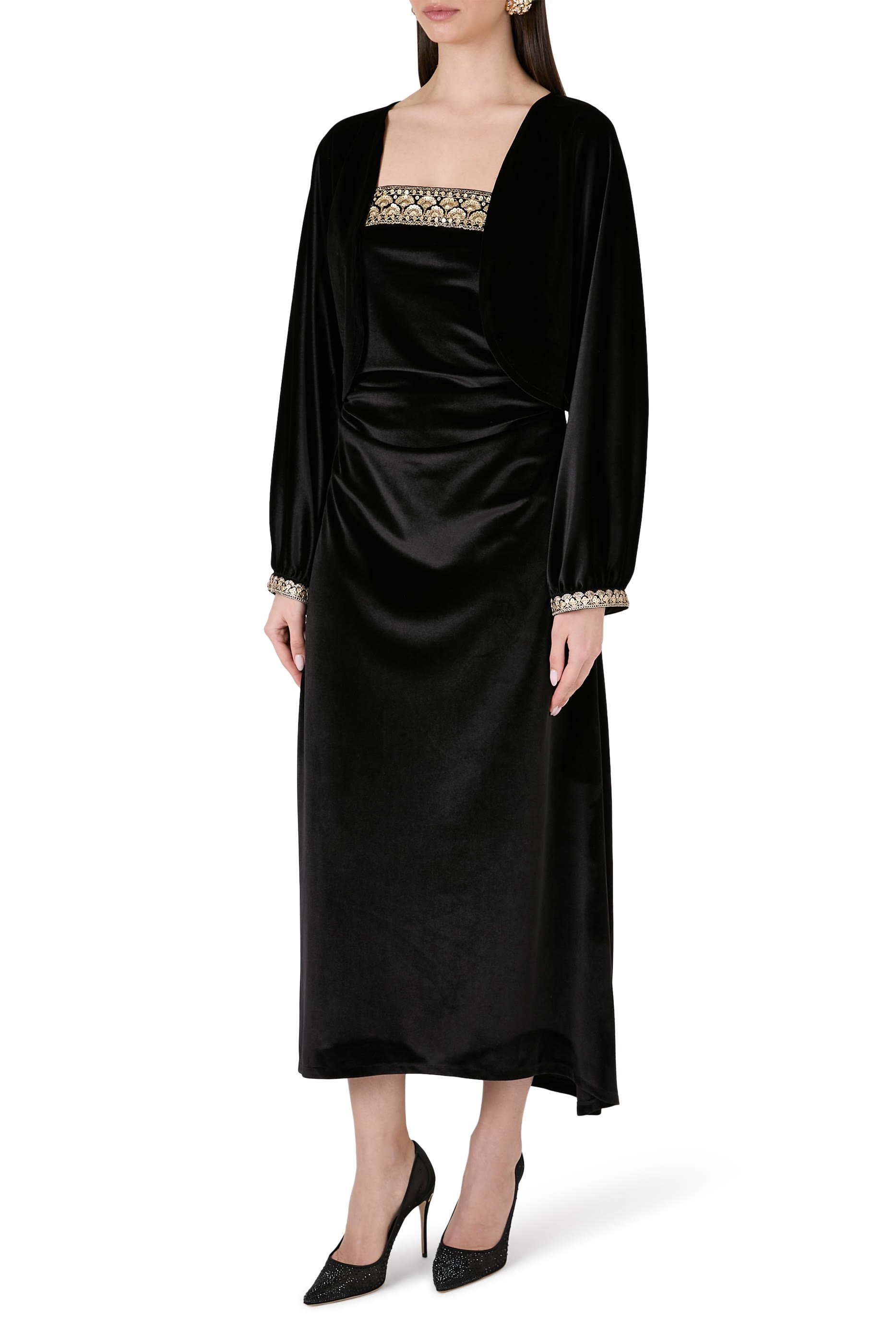 طقم فستان بلا حمالات وجاكيت، بنقشة أزهار مخمل