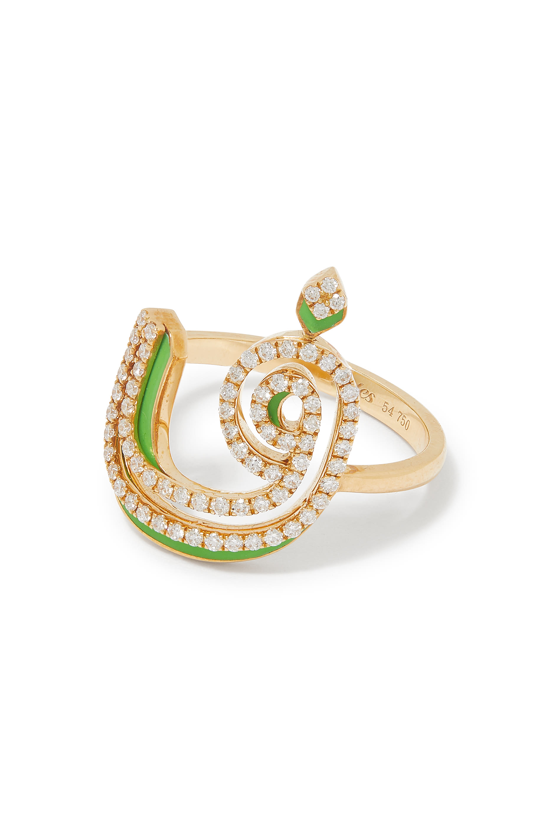 خاتم رفيع بحلية بتصميم حرف ف مرصع بماس ومزين بمينا، ذهب أصفر عيار 18