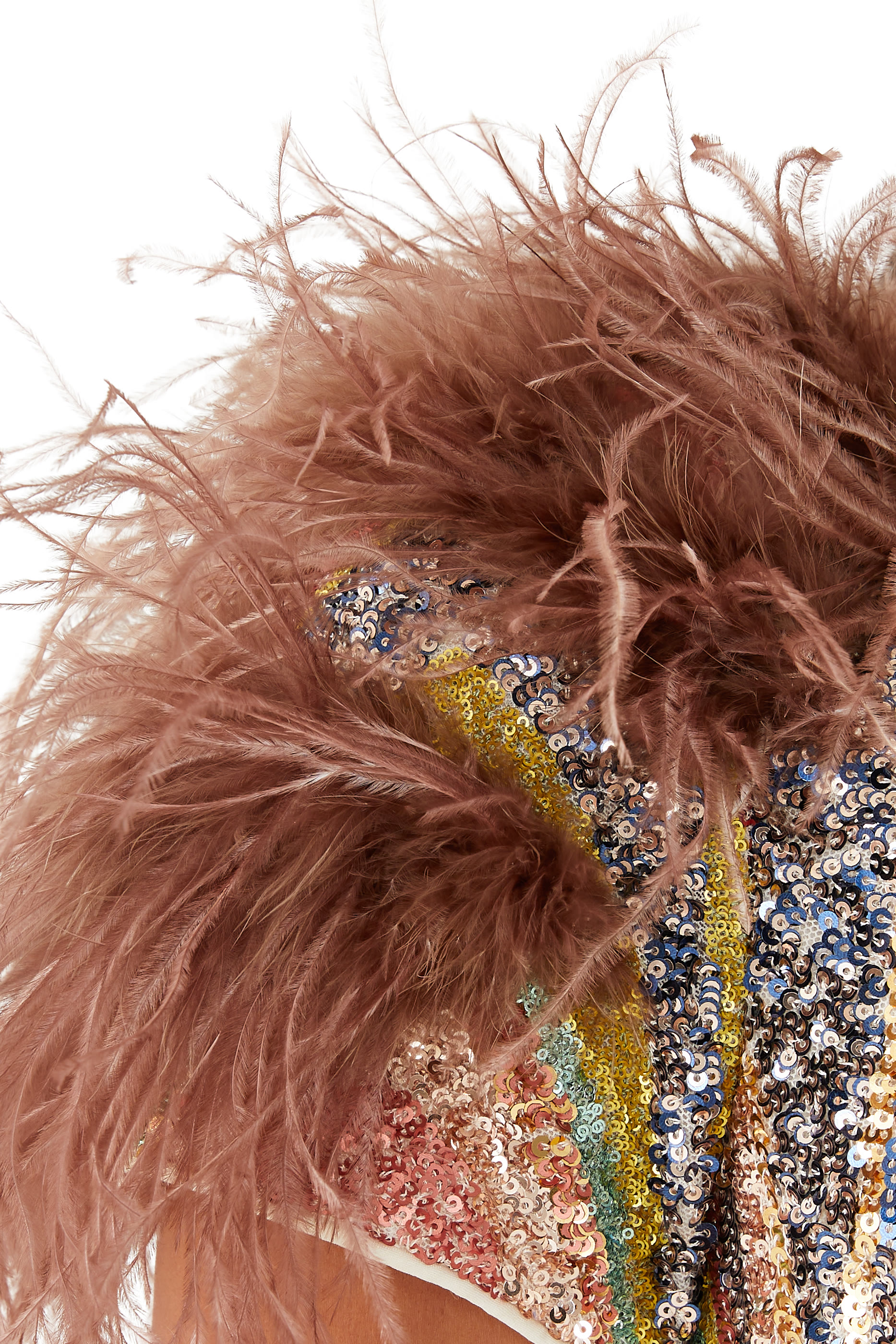 فستان سهرة مزين بالريش عند الكتف