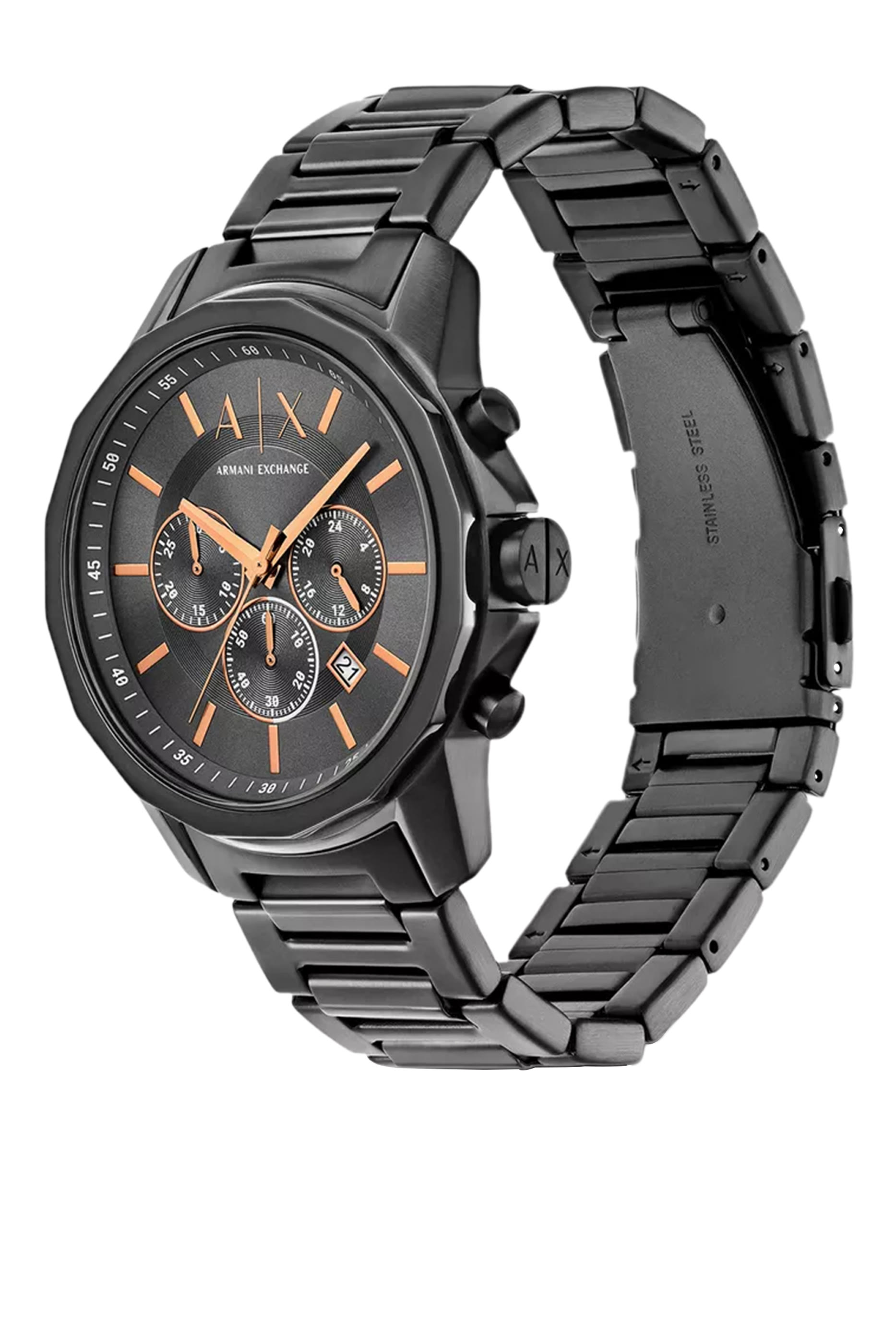 طقم هدايا ساعة كرونوغراف بلون فضي داكن وسوار ستانلس ستيل