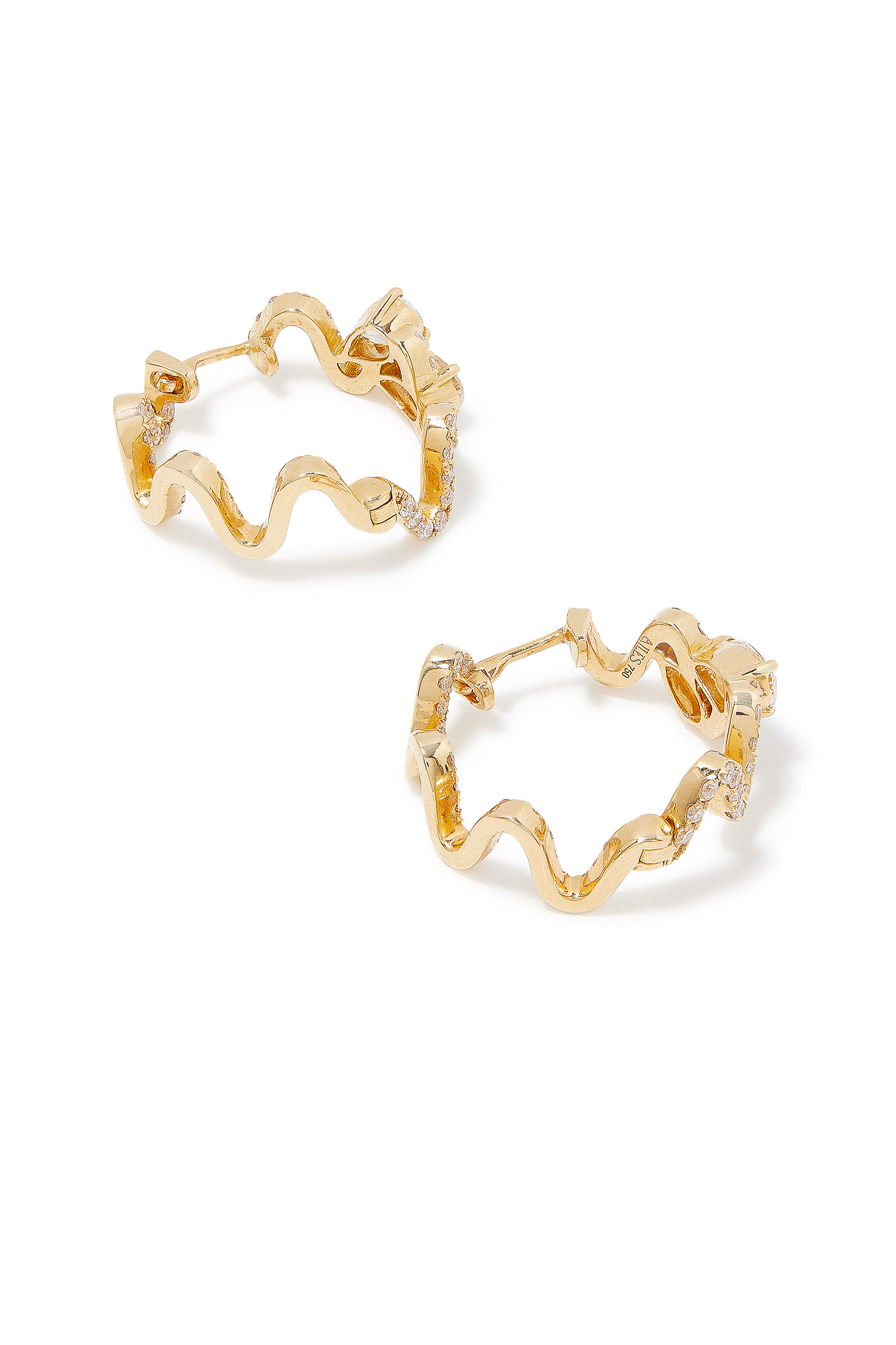 Double Diamond Wave Hoop Earrings, 18k Yellow Gold & Diamonds
